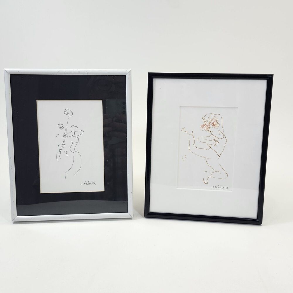 Susan Palmer Ink Drawings Signed Original Framed Pair Bloomington IL 2001 Cello